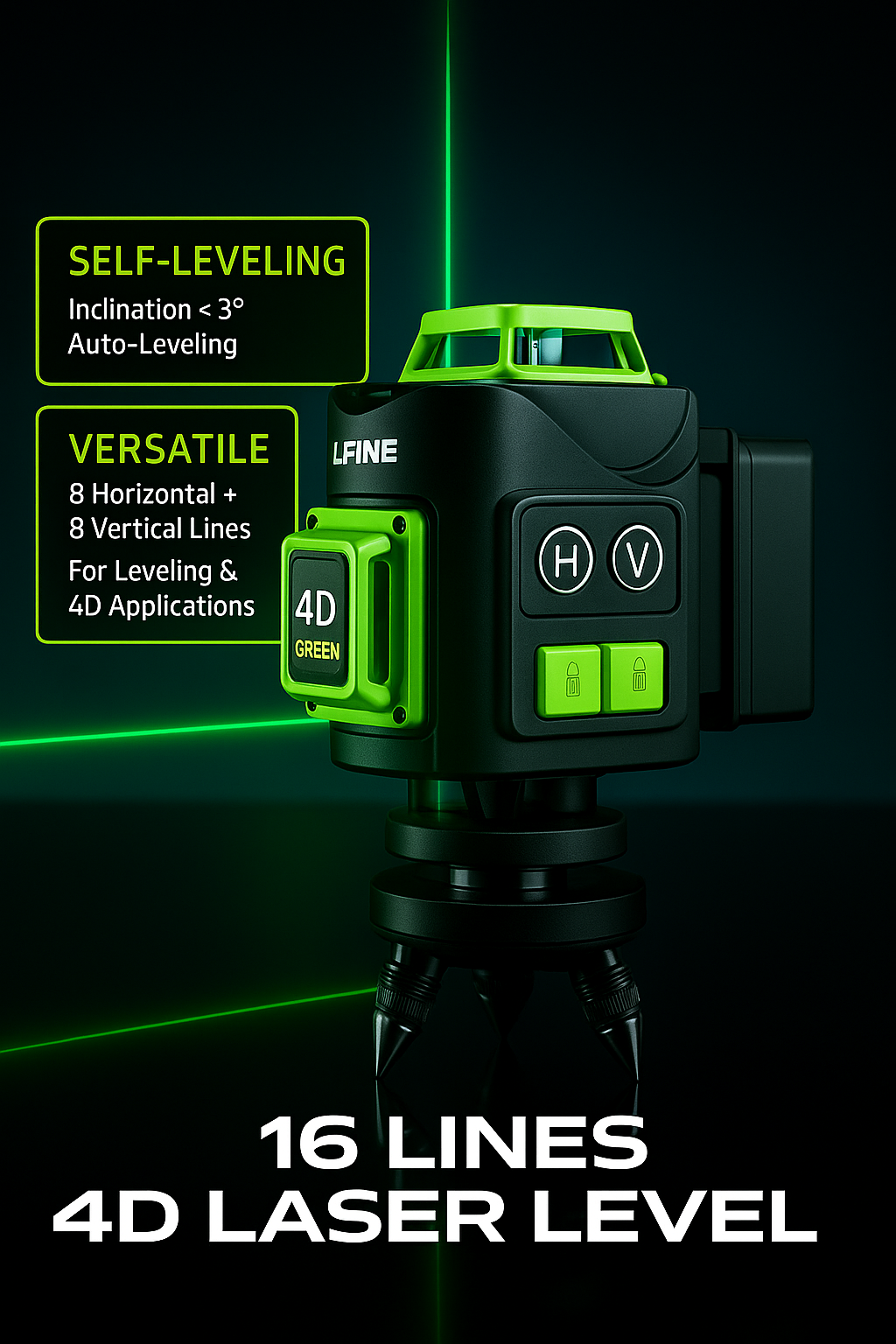 GreenBeam 4D Laser Level Pro™️ 2025 – Ultra-Precision 16-Line Green Beam Leveling System
