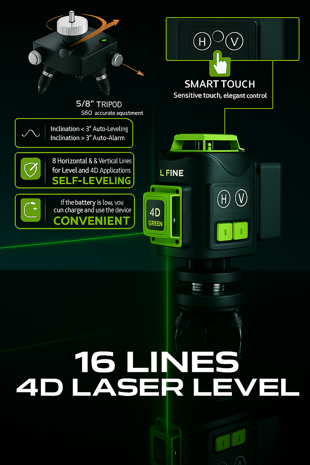 GreenBeam 4D Laser Level Pro™️ 2025 – Ultra-Precision 16-Line Green Beam Leveling System